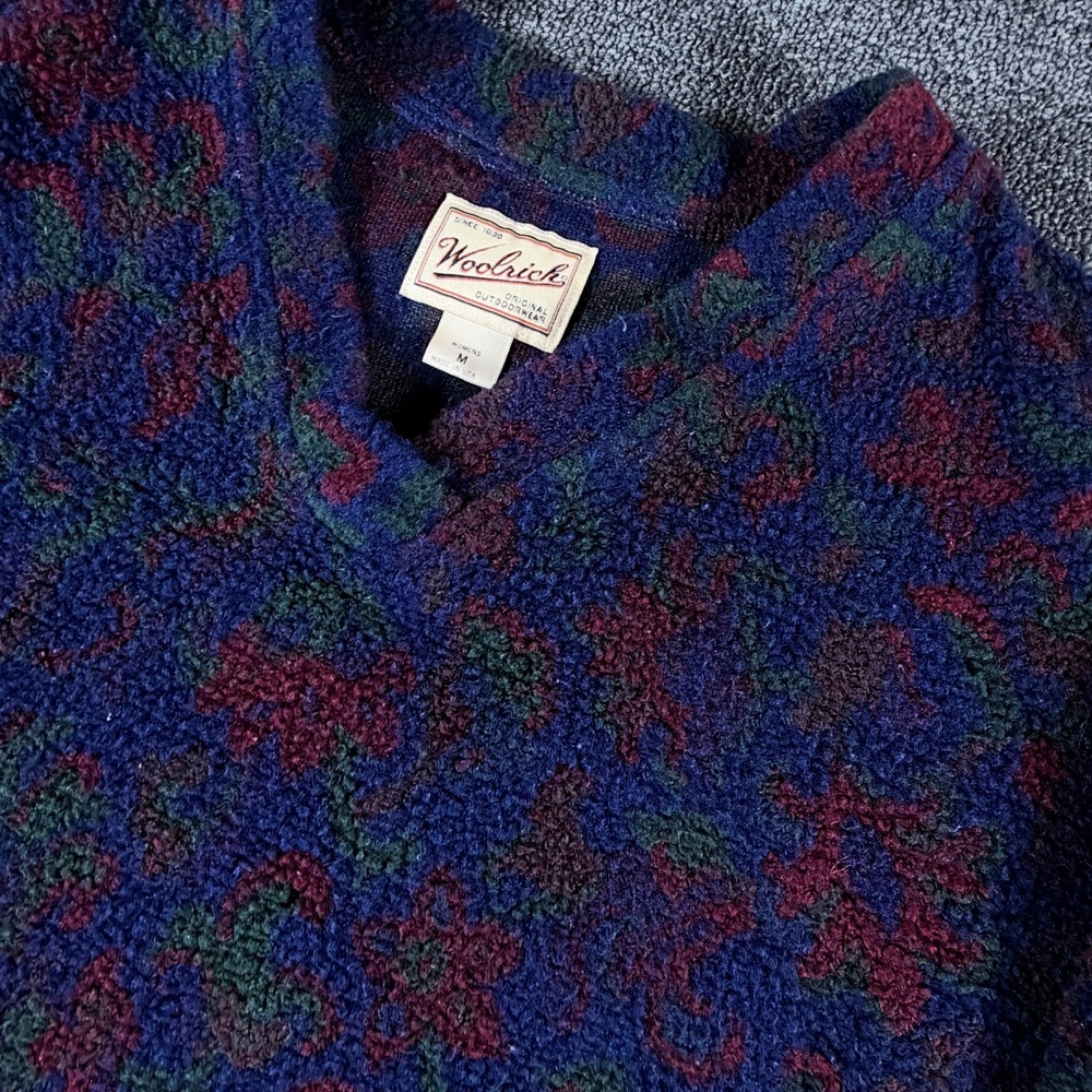 Woolrich Fleece Pullover Womens M 1650-113 Navy Blue Abstract Floral EUC